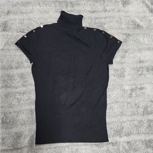 Cache Black Short-Sleeve Turtleneck Sweater with Shoulder Buttons